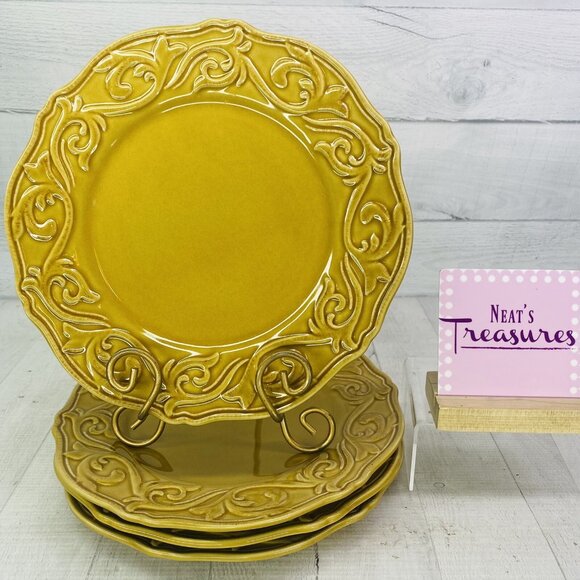 Chris Madden JC Penny CORVELLA GOLD  Emboss Scroll Stoneware Dinner Plate Set 4 - Picture 1 of 16